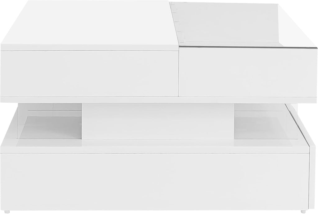 High Gloss LED Square Coffee Table 29.5-Inch Modern Lift-Top Center Cocktail Table with Storage & Glass Top for Living Room, White