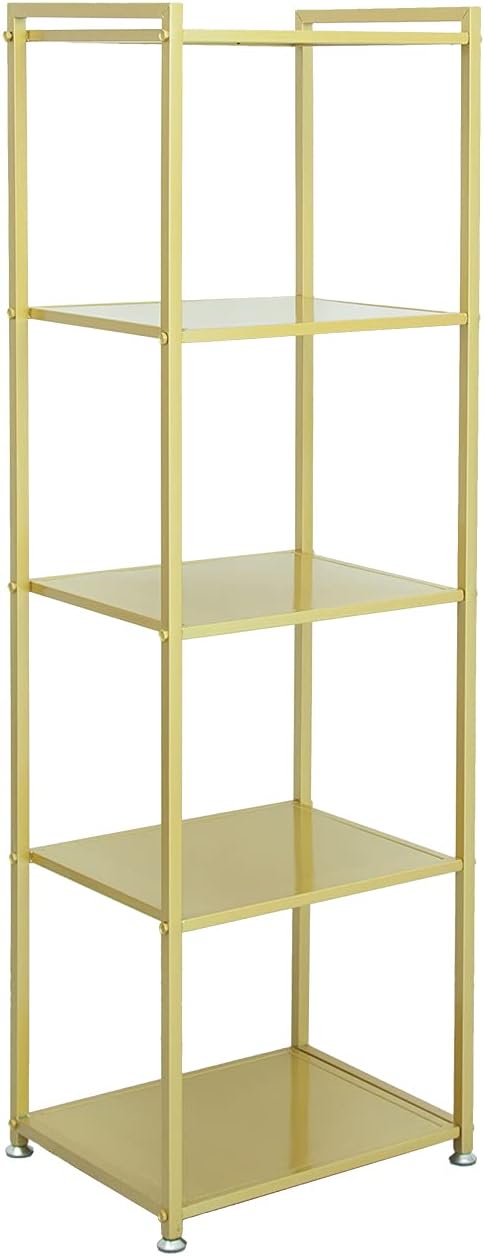 ZIOTHUM Gold Shelf, Gold Bookcase, 5-Tier Bookshelf Shoe Purse Handbag Rack Shelving Unit Etagere Tall Narrow Metal Corner Shelf Boutique Display Storage Retail Commercial Stand(19.7x15.7x63)