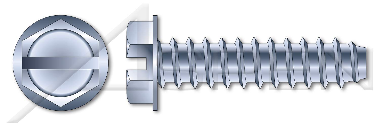 (2500 pcs) 1/4'-14 X 3/4', Self-Tapping Sheet Metal Screws, Type B, Hex Indented Washer, Slotted, Steel, Zinc Plated
