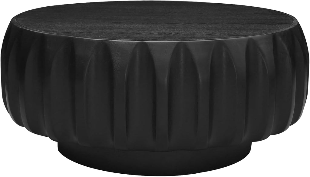 31.5'' Black Round Wood Coffee Table for Living Room, Modern Contemporary Circle Fluted Drum Pedestal Coffee Table, Natural Wood Grain & Easy Assembly, Black