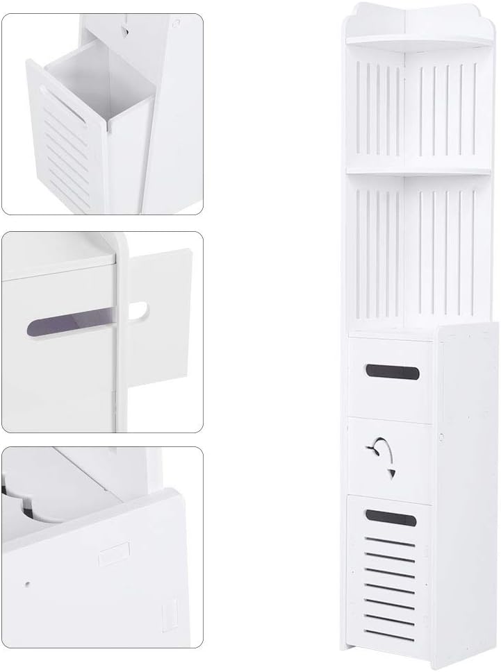 Greensen Small Bathroom Storage Corner Floor Cabinet, White Standing Storage Organizer Side Cabinet Thin Toilet Vanity Cabinet with Doors and Shelf for Paper Holder Shampoo