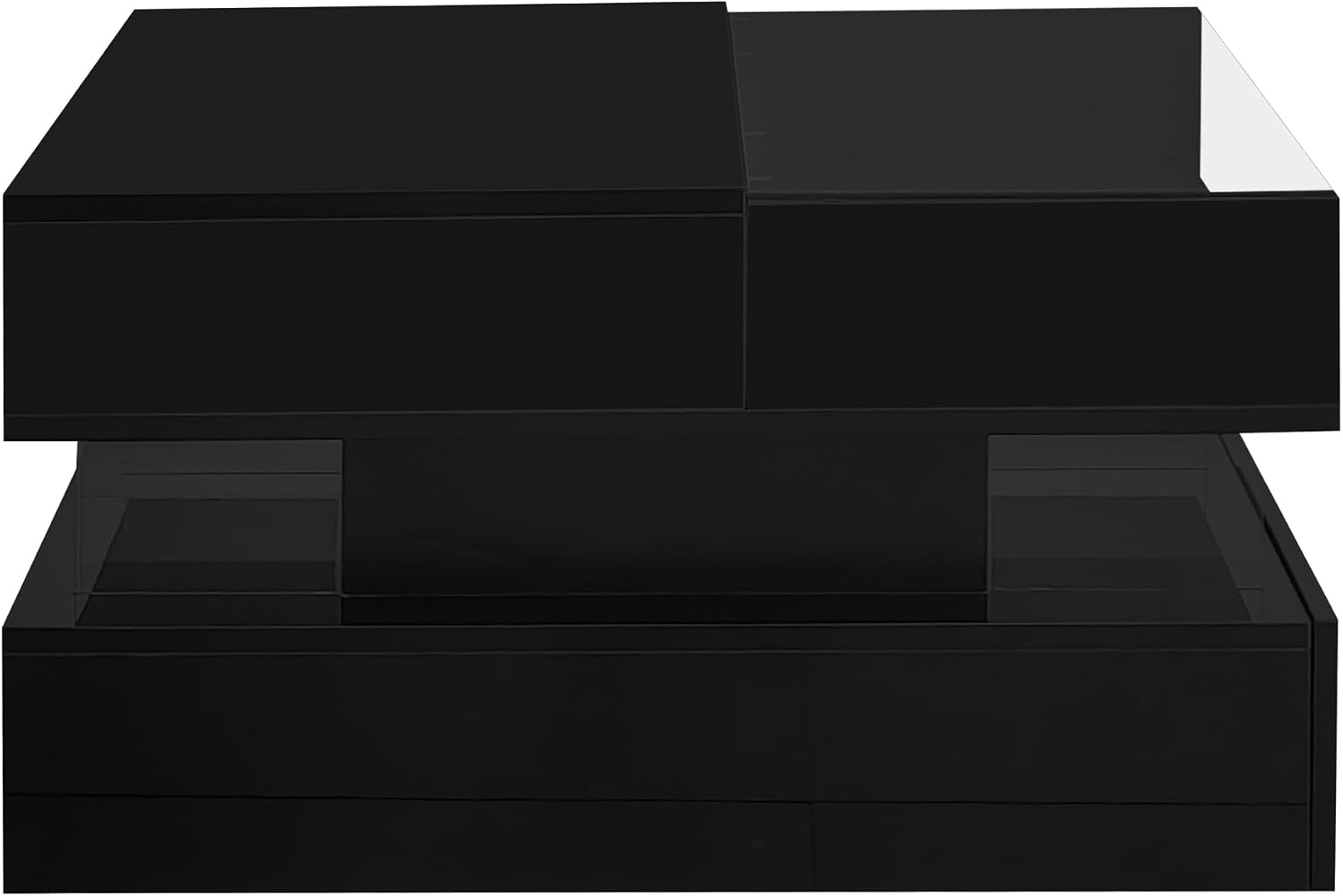 High Gloss LED Square Coffee Table 29.5-Inch Modern Lift-Top Center Cocktail Table with Storage & Glass Top for Living Room, Black