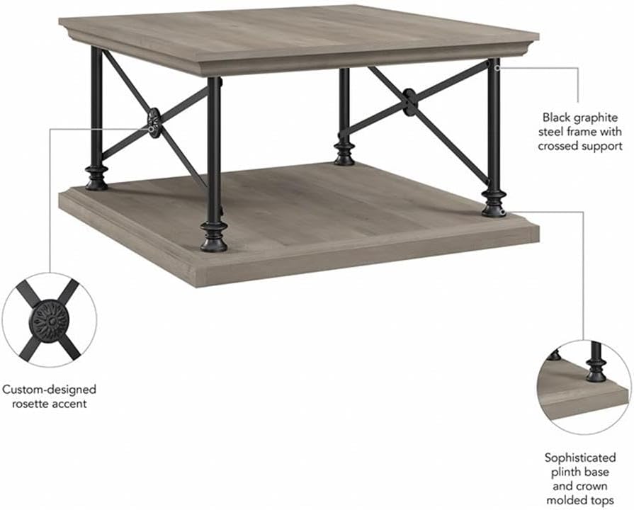 BOWERY HILL Square Coffee Table, Driftwood Gray Finish, Engineered Wood Construction, Sturdy 50 lb Capacity, Bottom Shelf for Storage, Industrial Farmhouse Style Living Room Table