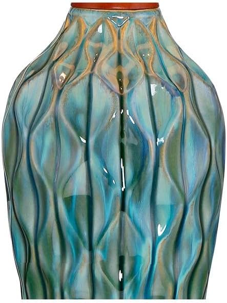 360 Lighting Rocco Mid Century Modern Table Lamps 30' Tall Set of 2 Blue Teal Glaze Ceramic Cherry Wood Tan Fabric Drum Shade for Cottage Core Bedroom Living Room Bedside Nightstand House Home