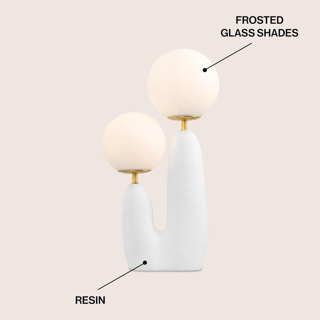 JONATHAN Y 17.75' White/Brass Gold Modern Bohemian Danish Cactus LED Table Lamp, 2-Light Mid-Century Minimalist Desk Light for Bedroom Living Room, Frosted Glass Globe Shades (JYL4065B)