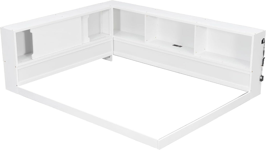 SOFTSEA Queen Size Daybed with Shelves, L-Shape Corner Bed Frame with LED and Storage, Wood Floor Daybed with LED for Kids, Teens & Adults, White