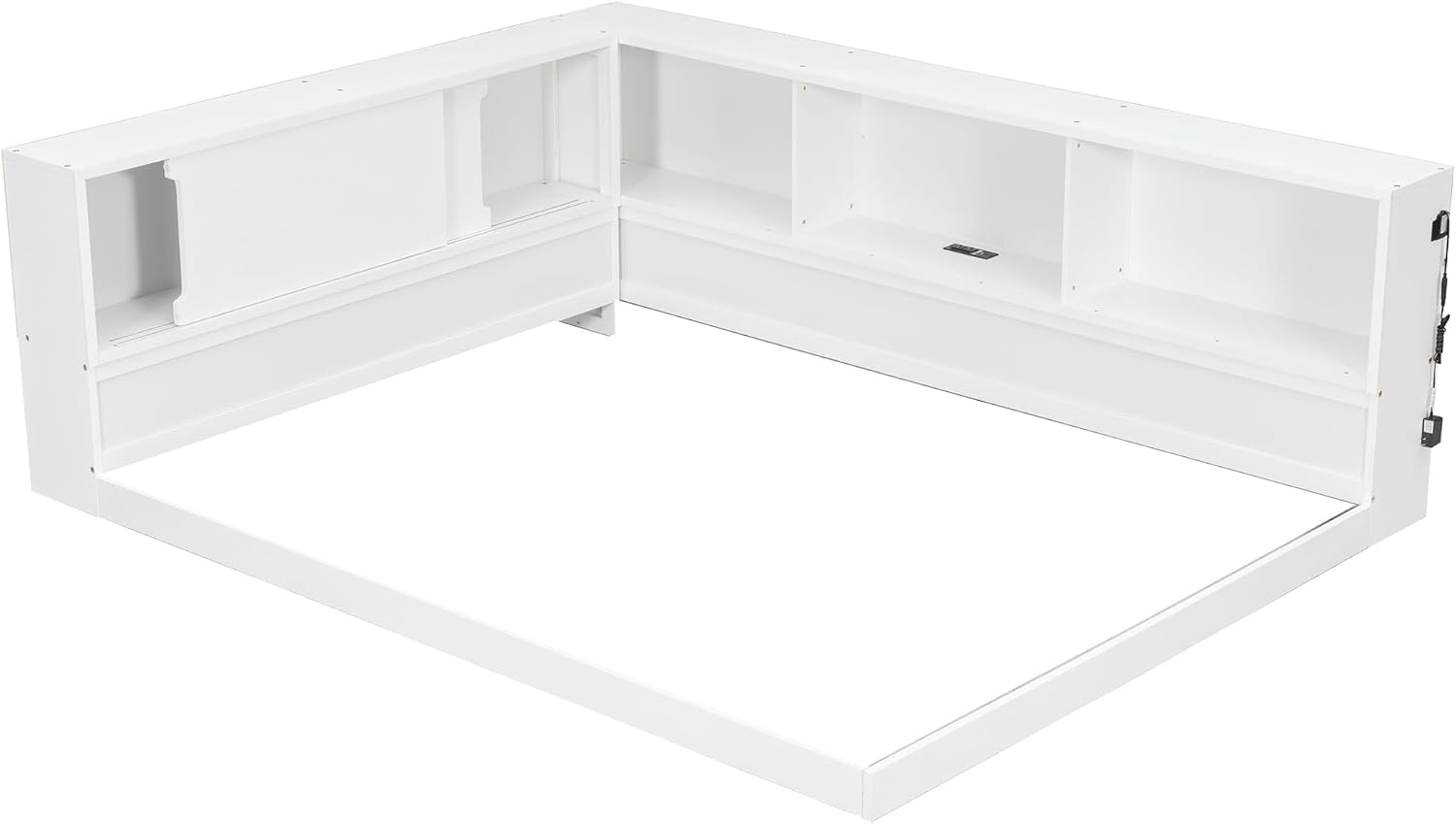 SOFTSEA Queen Size Daybed with Shelves, L-Shape Corner Bed Frame with LED and Storage, Wood Floor Daybed with LED for Kids, Teens & Adults, White