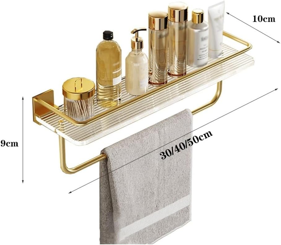 Shower Shelf Organizer, Shower Shelf with Towel Bar for Bathroom, Wall Mounted Acrylic Shower Shelf with Gold Fence, Modern Aluminum Shower Organizer
