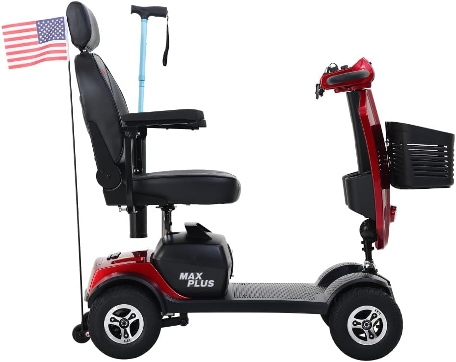 MAX Plus Emerald Outdoor Mobility Scooter - 16 Miles Range, Foldable Design, Anti-Tip Safety System, USB Charger & Cup Holder, 2 * 20AH Battery (300W Motor, 136kg Capacity) (Red + Metal)