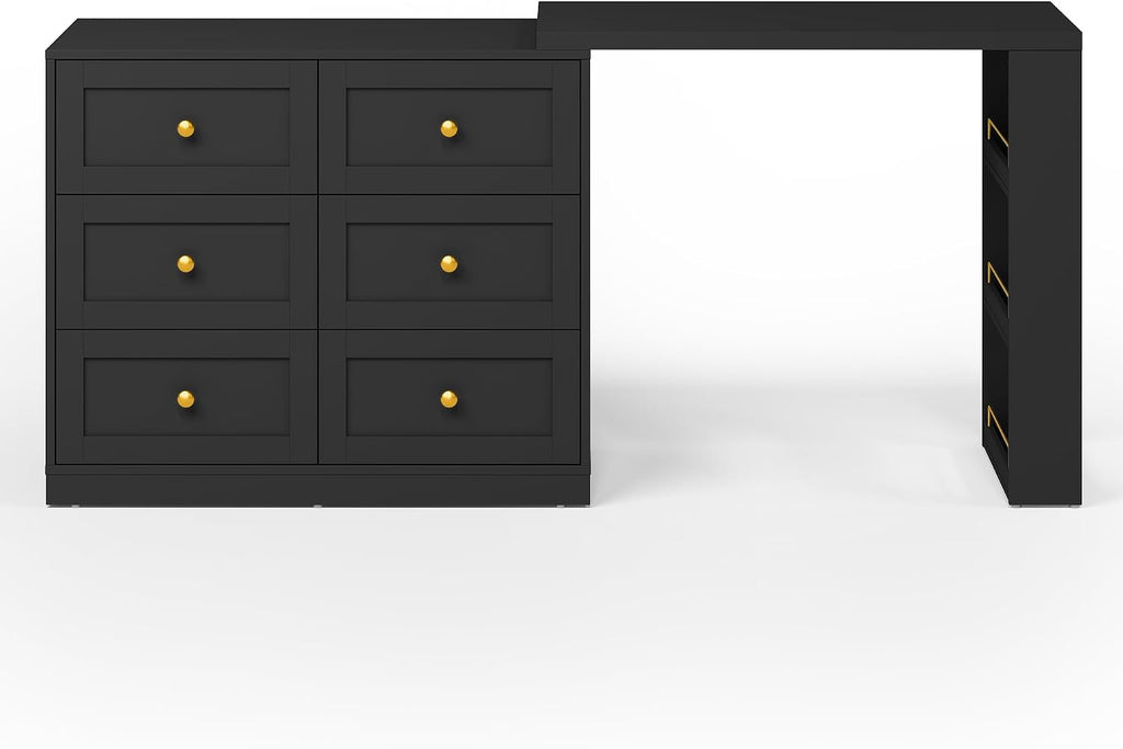 RoyalCraft Vanity Desk and Dresser Combo, 67' Extendable Big Makeup Vainty with 6 Drawer Dresser and 3 Side Shelves, Wood Corner Vanity for Bedroom, Dressing Table for Women Girlfriend, Black