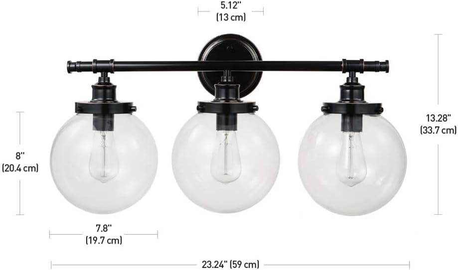 Globe Electric 51523 5-Piece All-in-One Bathroom Set, Oil Rubbed Bronze, 3-Light Vanity Light & Bulbs, Glass Shades, Towel Bar, Toilet Paper Holder, Towel Ring, Robe Hook, Bathroom Lights Over Mirror