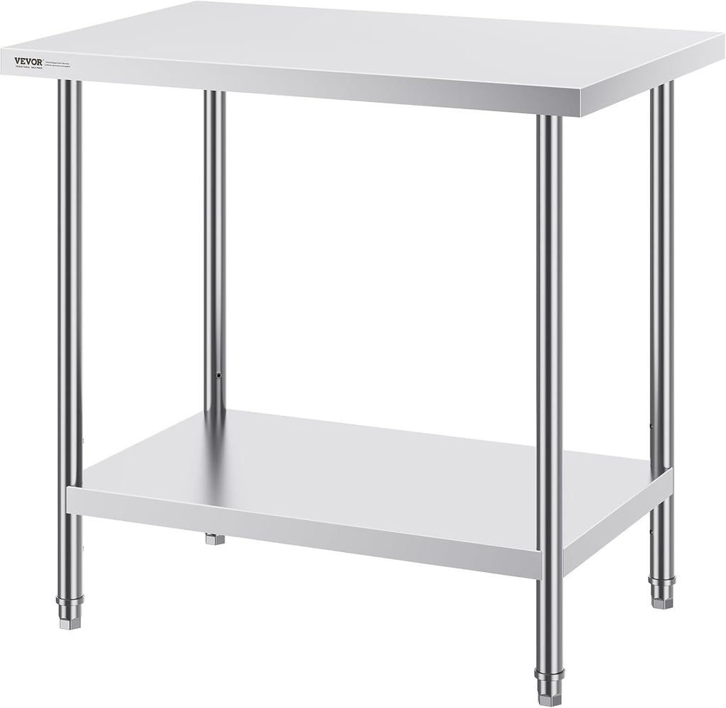 VEVOR Stainless Steel Prep Table, 24 x 36 x 34 Inch, 750 lbs Load Capacity, Heavy Duty Metal Worktable with 3 Adjustable Height Levels, Commercial Workstation for Kitchen Garage Restaurant Backyard
