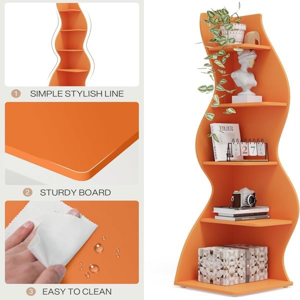Storage Shelves Unit 5-Tier Shelf, Corner Shelving for Bedroom, Freestanding Decorative Ladder Etagere Organizer, Narrow Bookshelf, Bathroom Storage, Decorative Etagere for Plant Stand (Orange)