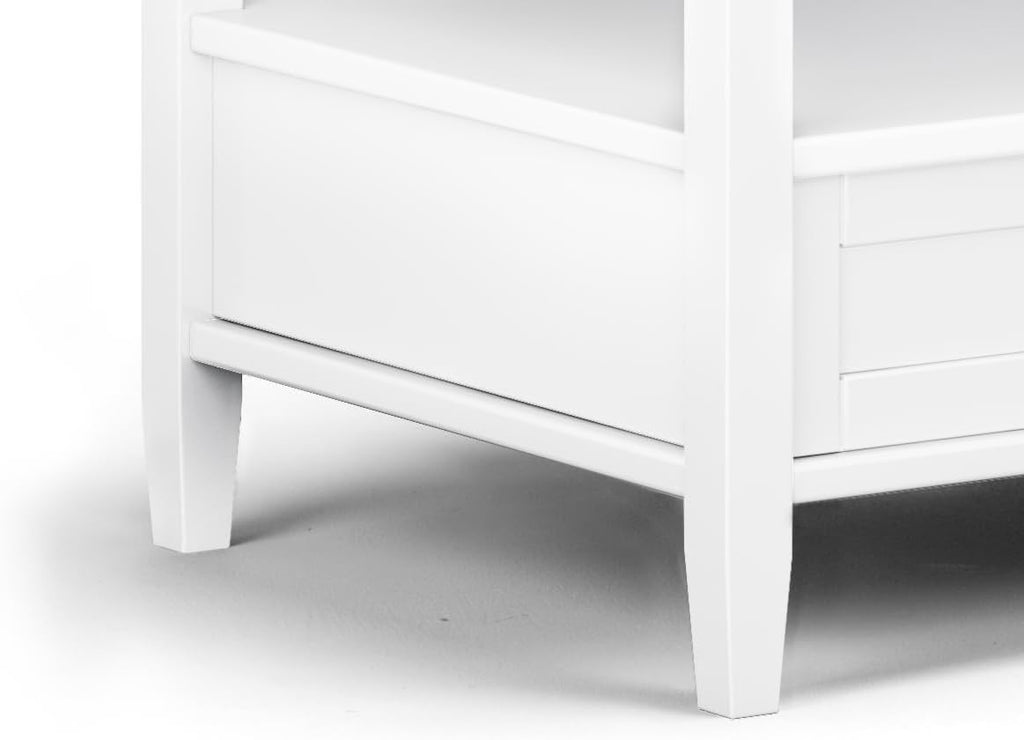 SIMPLIHOME Warm Shaker Coffee Table - 48 inch Wide Solid Wood Coffee Table in White, Transitional Living Room Table with 2 Drawers, Open Shelf, Shaker Fronts and Tapered Legs