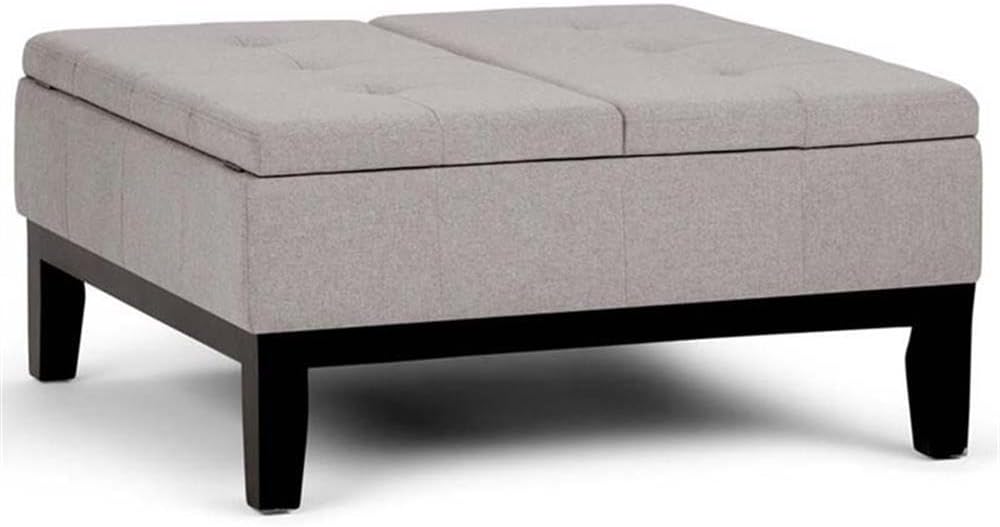 Pemberly Row Contemporary Coffee Table Ottoman, 35.83 in Square, Upholstered Cloud Gray Linen Fabric, Tufted Top, Solid Wood Frame, Split Lift-Top Storage, Living Room Accent Furniture
