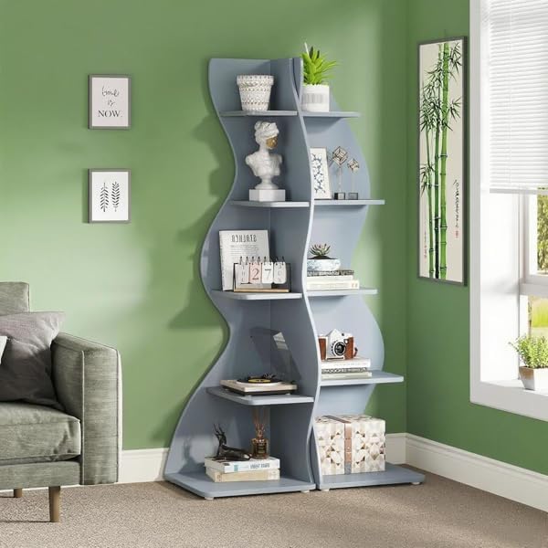 Storage Shelves Unit 5-Tier Shelf, Corner Shelving for Bedroom, Freestanding Decorative Ladder Etagere Organizer, Narrow Bookshelf, Bathroom Storage, Decorative Etagere for Plant Stand (Gray)