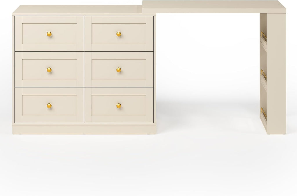 RoyalCraft Extendable Vanity Desk and Dresser Combo, 67' Makeup Vanity Table with Drawers and 3 Side Shelves, Wood Dressing Table for Bedroom, Dressing Room, Beige