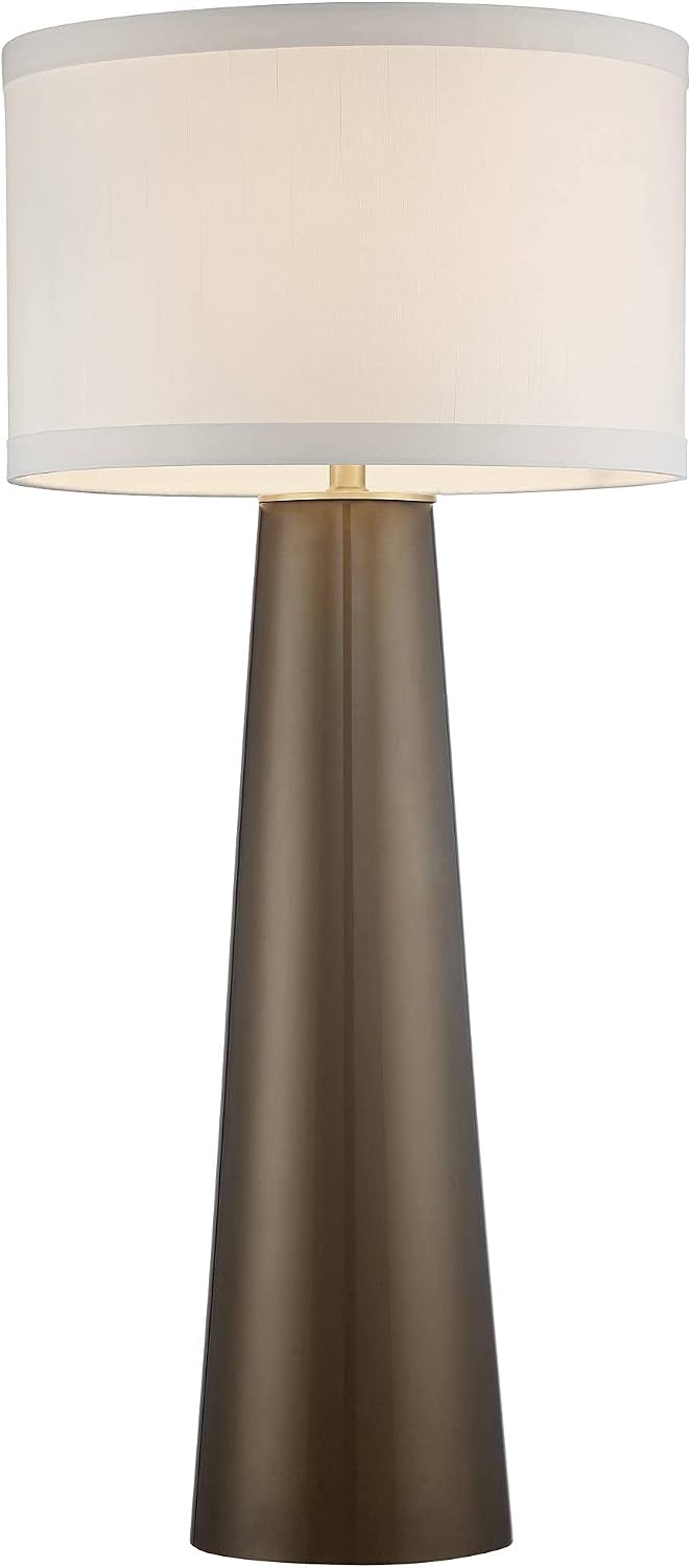 Possini Euro Design Karen Modern Table Lamp 36' Tall with USB Dimmer Dark Gold Glass Column Off White Fabric Drum Shade for Bedroom Living Room House Bedside Nightstand Home Office Entryway Family