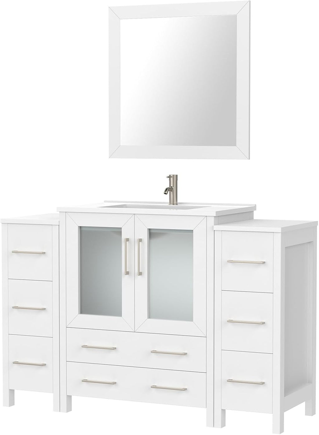 Vanity Art 54 Inch Under Mount Single Sink Bathroom Vanity Cabinet with 1 Mirror, Ceramic Top Bathroom Cabinet Compact Set with 8 Dovetail Drawers and Brushed Nickel Handles, VA3030-54-W