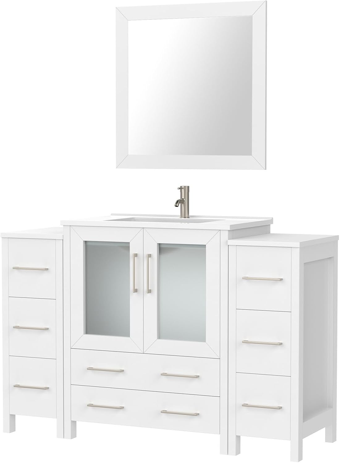 Vanity Art 54 Inch Under Mount Single Sink Bathroom Vanity Cabinet with 1 Mirror, Ceramic Top Bathroom Cabinet Compact Set with 8 Dovetail Drawers and Brushed Nickel Handles, VA3030-54-W