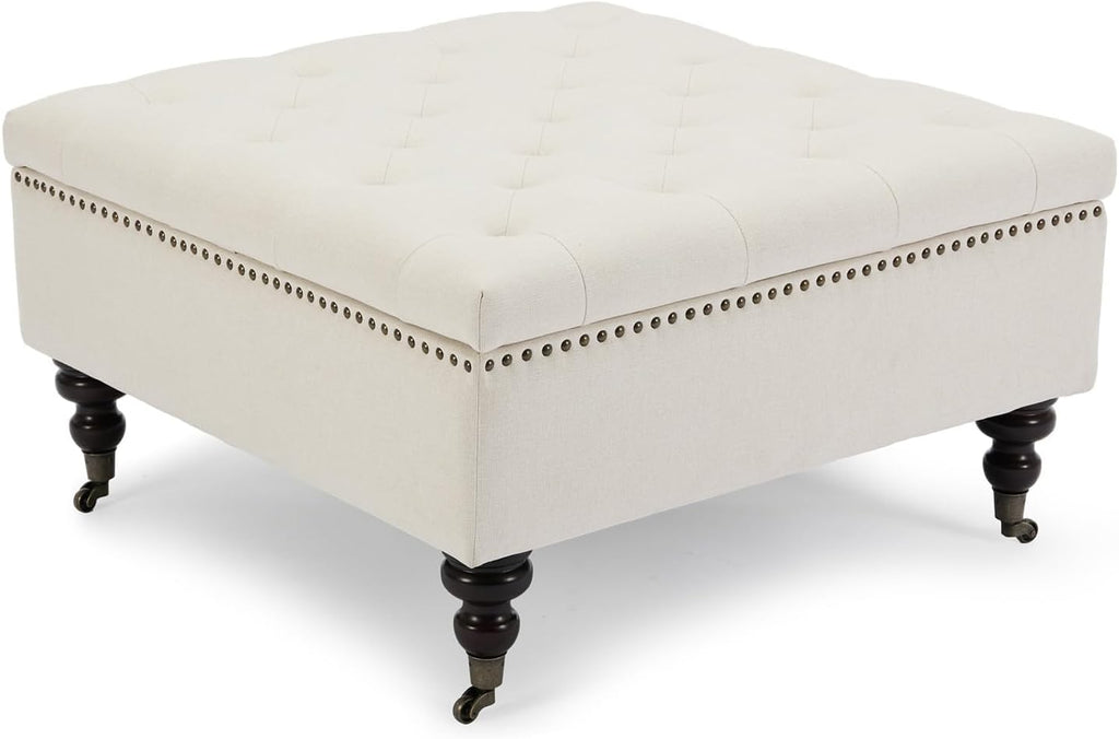 4-in-1 Square Storage Ottoman Bench with Rolling Wheels,Large Ottoman with Storage,Upholstered Coffee Table for Living Room/Bedroom,Beige