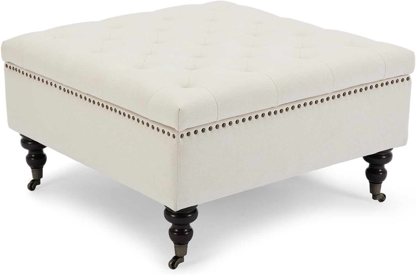 4-in-1 Square Storage Ottoman Bench with Rolling Wheels,Large Ottoman with Storage,Upholstered Coffee Table for Living Room/Bedroom,Beige
