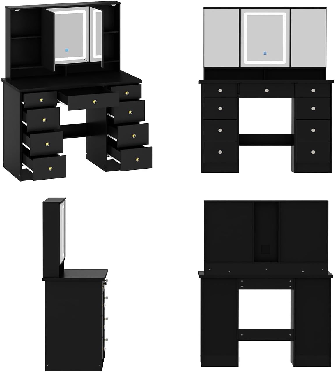 Timechee Vanity Mirror with Lights, Corner Vanity Desk with 9 Storage Drawers, 4 Large Shelves, 3 Color Lighting Options, Makeup Table Desk with Mirror for Bedroom, Restroom, Black