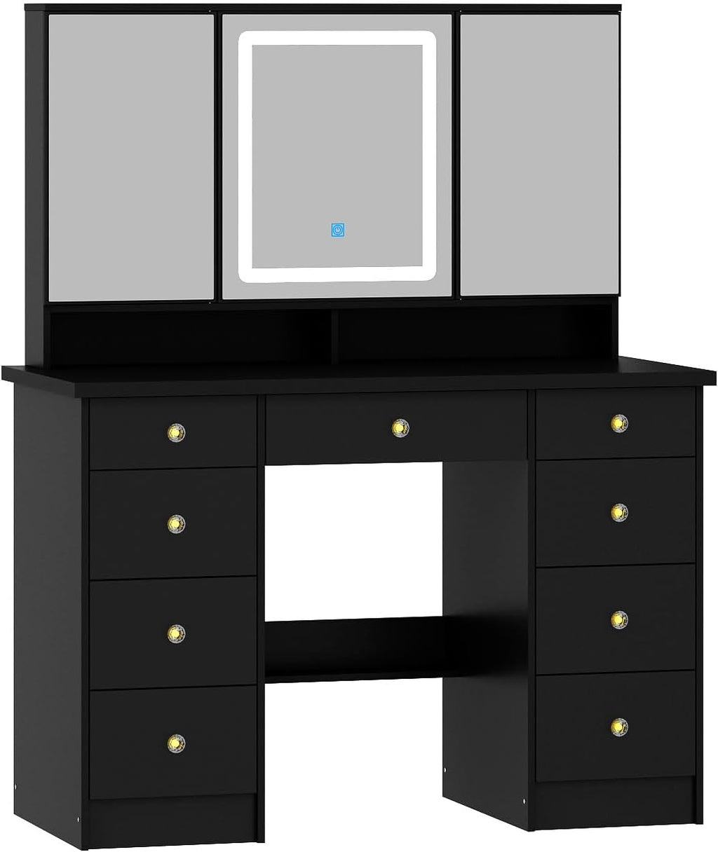 Timechee Vanity Mirror with Lights, Corner Vanity Desk with 9 Storage Drawers, 4 Large Shelves, 3 Color Lighting Options, Makeup Table Desk with Mirror for Bedroom, Restroom, Black