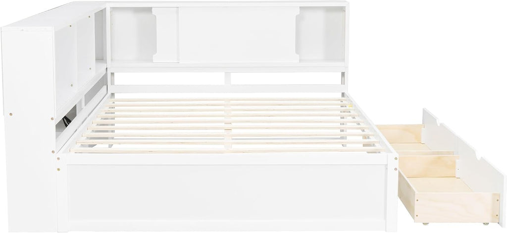 SOFTSEA Queen Size Daybed with LED Lights and 2 Drawers, L-Shaped Corner Bed Frame with Bookcase and Storage Shelves, White