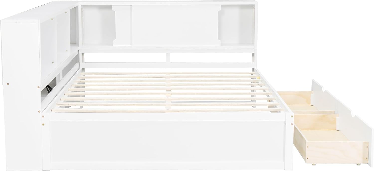 SOFTSEA Queen Size Daybed with LED Lights and 2 Drawers, L-Shaped Corner Bed Frame with Bookcase and Storage Shelves, White