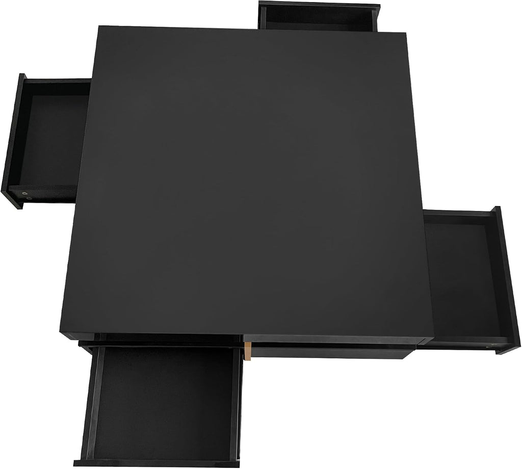 Modern Coffee Table With Storage, Contemporary Square Coffee Table With Drawers, High Gloss Modern Center Table For Living Room, Reception Room, Office, Black, 31'D X 31'W X 11'H
