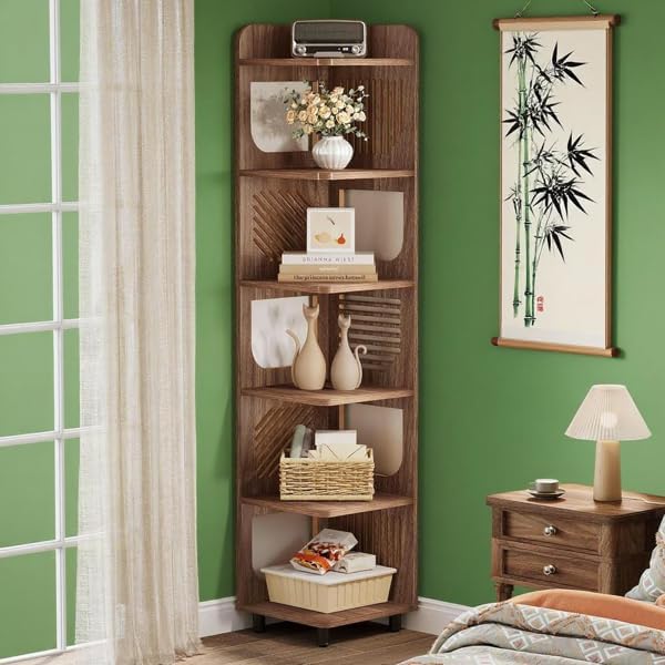 Storage Shelves Unit 5-Tier Shelf, Corner Shelving for Bedroom, Freestanding Decorative Ladder Etagere Organizer, Narrow Bookshelf, Bathroom Storage, Decorative Etagere for Plant Stand (Wood Color)