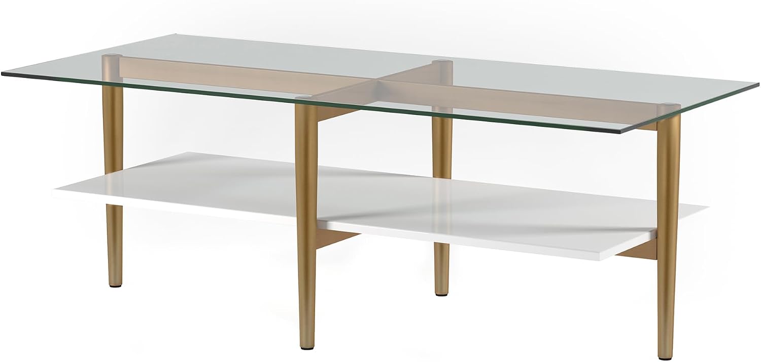 Henn&Hart 47' Wide Rectangular Coffee Table with MDF Shelf in Brass and White Lacquer, for Home, Living Room, Bedroom, Entertainment Room, Office