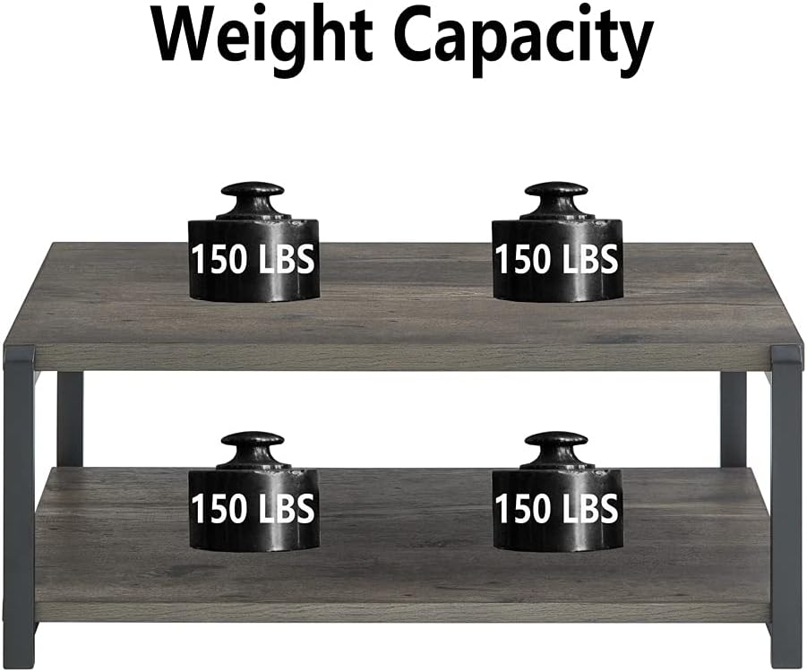 EXCEFUR Coffee Table with Storage Shelf, Rustic Wood and Metal Cocktail Table for Living Room, Grey