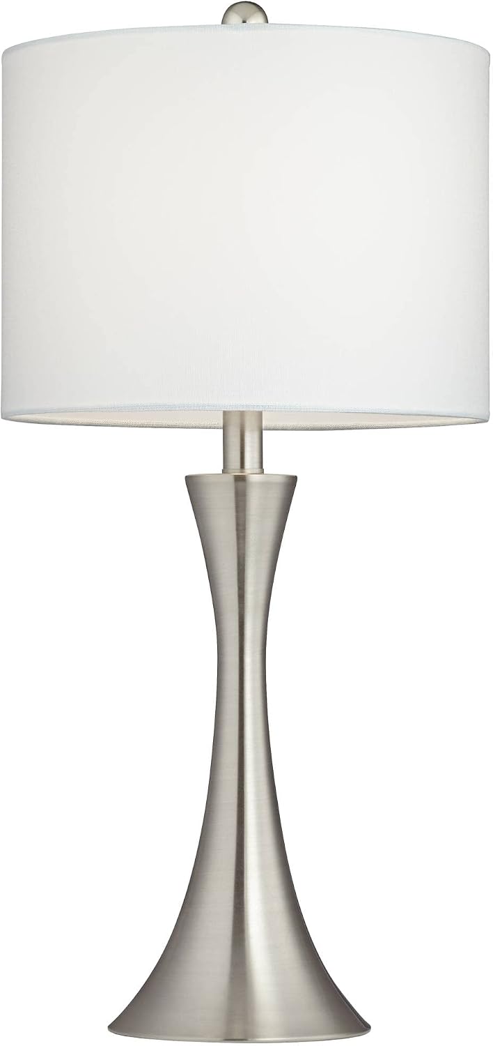 360 Lighting Gerson Modern Table Lamps 24' Tall Set of 2 with Dimmers Brushed Nickel Silver Metal LED White Drum Shade for Bedroom Living Room House Home Bedside Nightstand Office Family