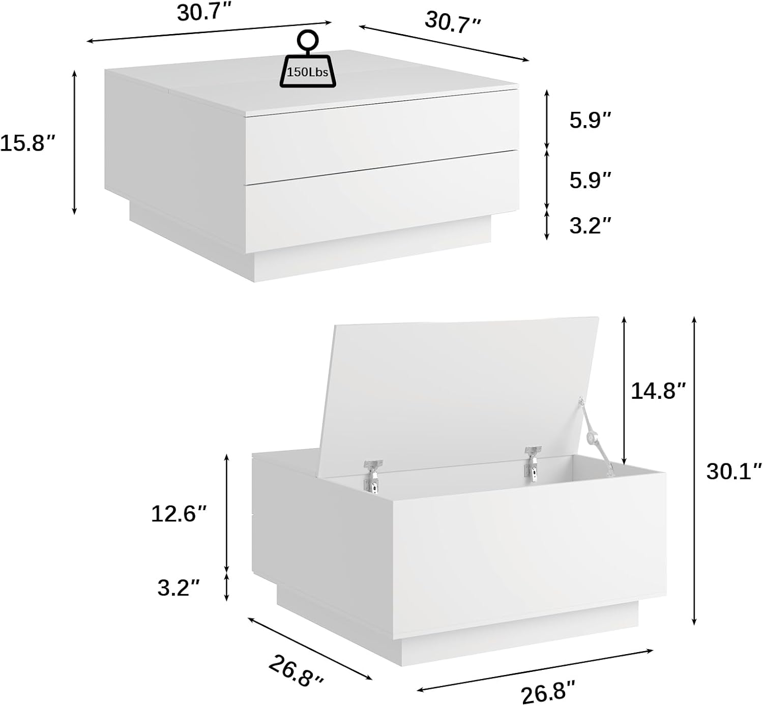HedoAjim Square Coffee Tables with Storages, Modern White Coffee Table for Living Room, Flip Cover Coffee Tables and 2 Spacious Drawers, Coffee Table with LED Light