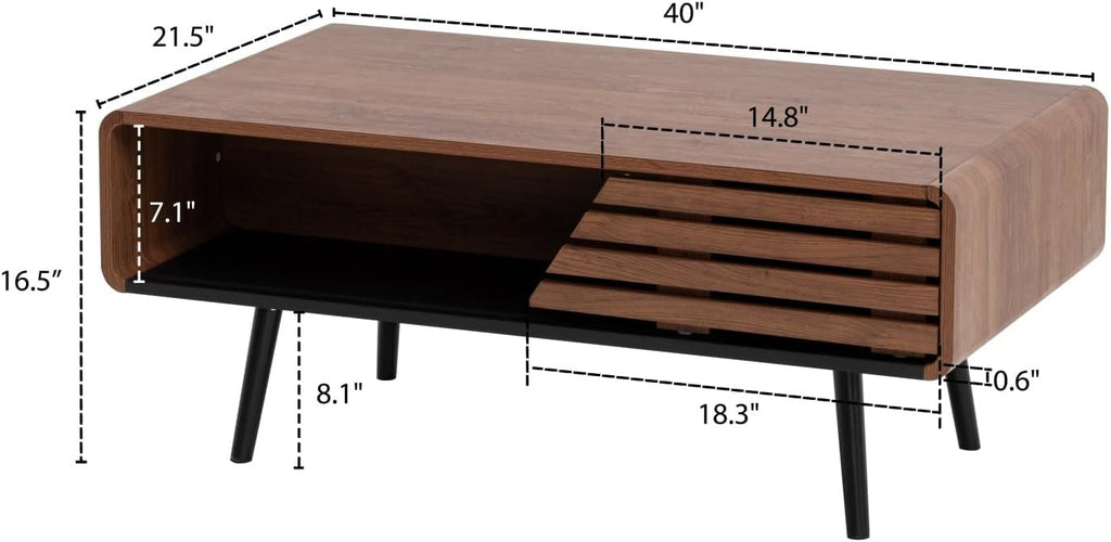 Coffee Table, 40' Modern Coffee Table with Storage and Sliding Door for Living Room, Black and Walnut