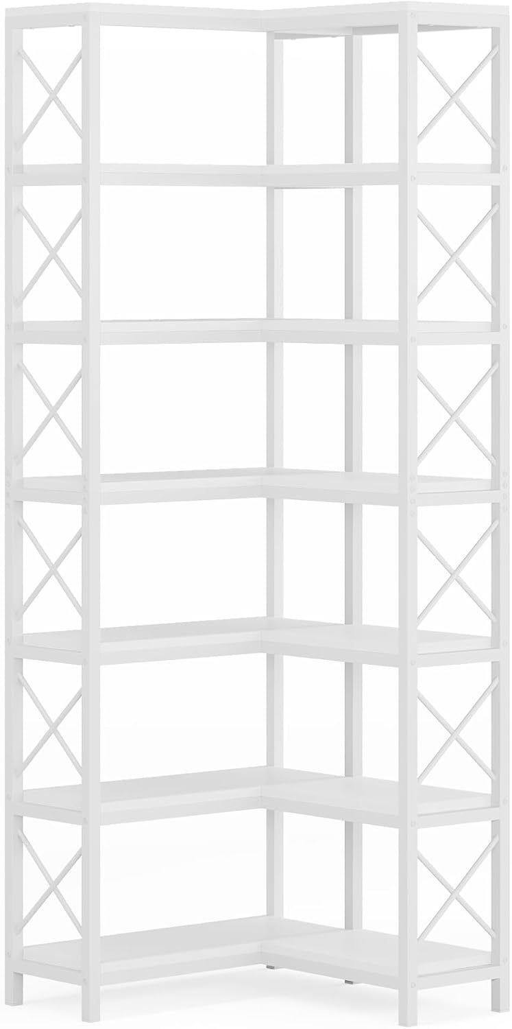 LITTLE TREE 7-Tier Tall Corner Book Shelf,White Corner Bookshelf, Modern Bookcase Metal Storage Shelves for Bedroom Living Room or Home Office