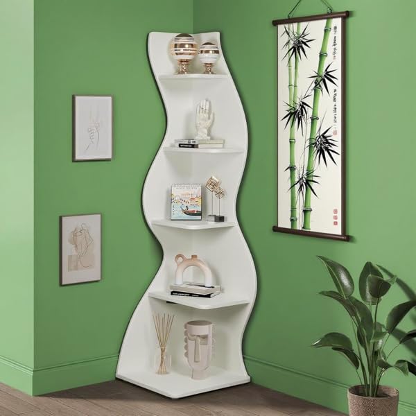 Storage Shelves Unit 5-Tier Shelf, Corner Shelving for Bedroom, Freestanding Decorative Ladder Etagere Organizer, Narrow Bookshelf, Bathroom Storage, Decorative Etagere for Plant Stand (White)