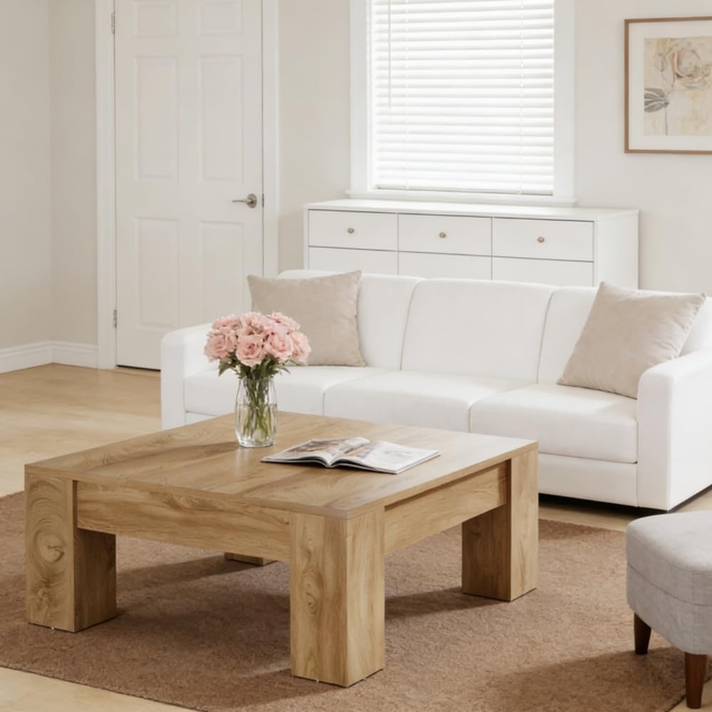39.4' Square Coffee Table, Farmhouse Coffee Table with Sturdy Base, Mid-Century Modern MDF Accent Center Tea Tables for Living Room Apartment, Easy Assembly