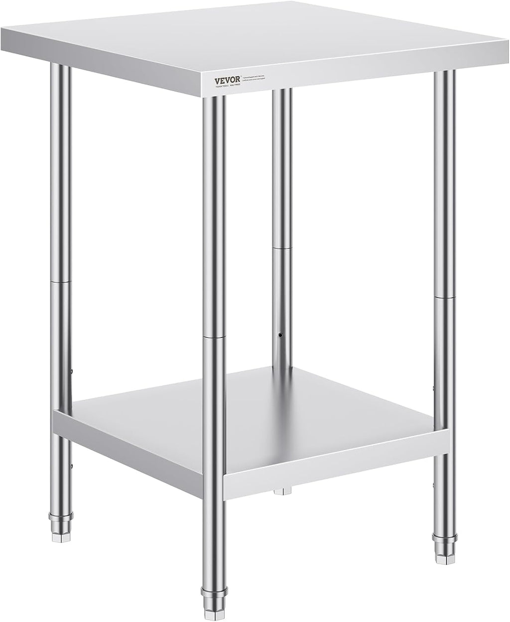 VEVOR Stainless Steel Prep Table, 24 x 24 x 34 Inch, 700 lbs Load Capacity, Heavy Duty Metal Worktable with 3 Adjustable Height Levels, Commercial Workstation for Kitchen Garage Restaurant Backyard