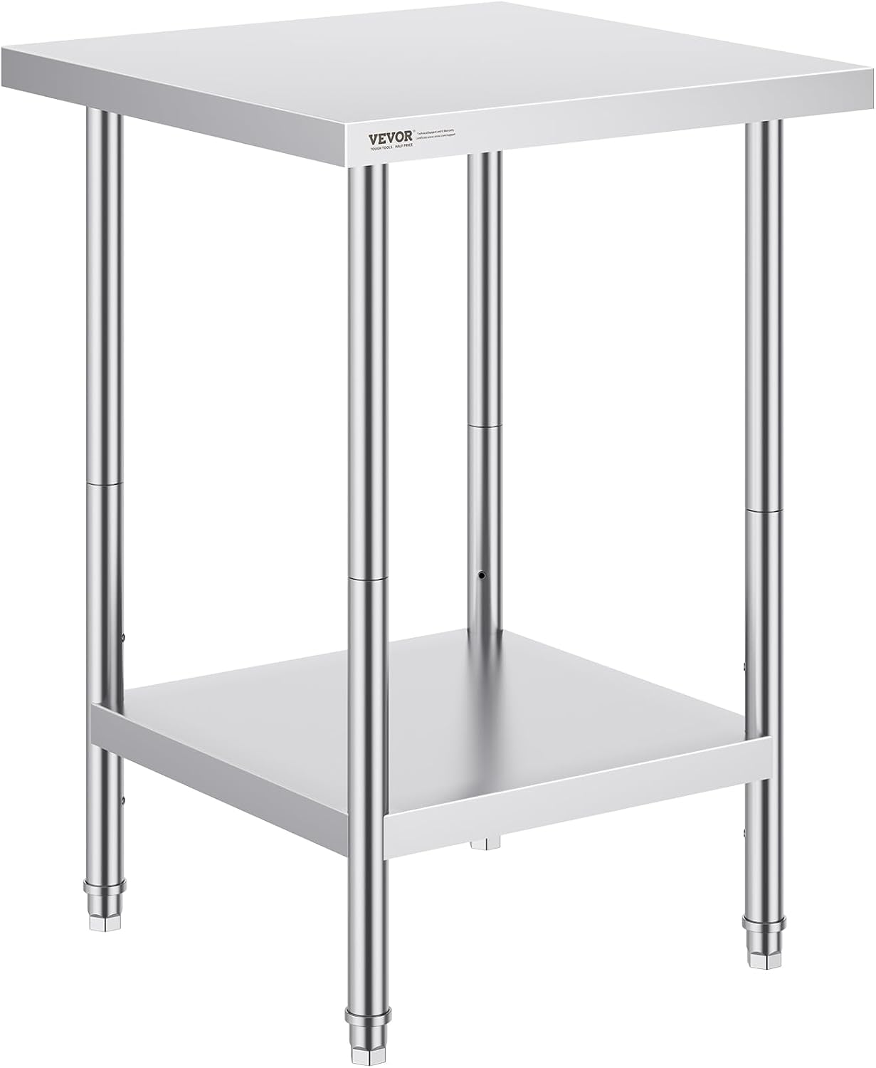 VEVOR Stainless Steel Prep Table, 24 x 24 x 34 Inch, 700 lbs Load Capacity, Heavy Duty Metal Worktable with 3 Adjustable Height Levels, Commercial Workstation for Kitchen Garage Restaurant Backyard
