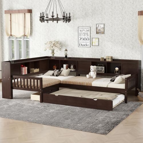 CITYLIGHT Classic L-Shaped Daybed with Trundle, Twin Size Corner Bed with Drawer & Shelves, Wooden Twin Bed Frame with Storage Headboard for 3 (Espresso)