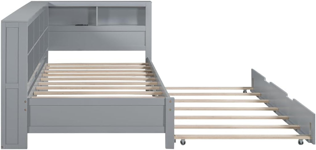 Twin Size Daybed with Storage Bookcase, Twin Trundle and Charging Station, Wooden Platform Bed with Bookshelf for Kids Boys Girls, Grey