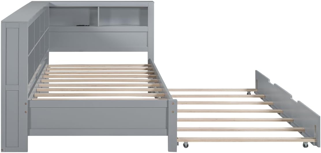 Twin Size Daybed with Storage Bookcase, Twin Trundle and Charging Station, Wooden Platform Bed with Bookshelf for Kids Boys Girls, Grey