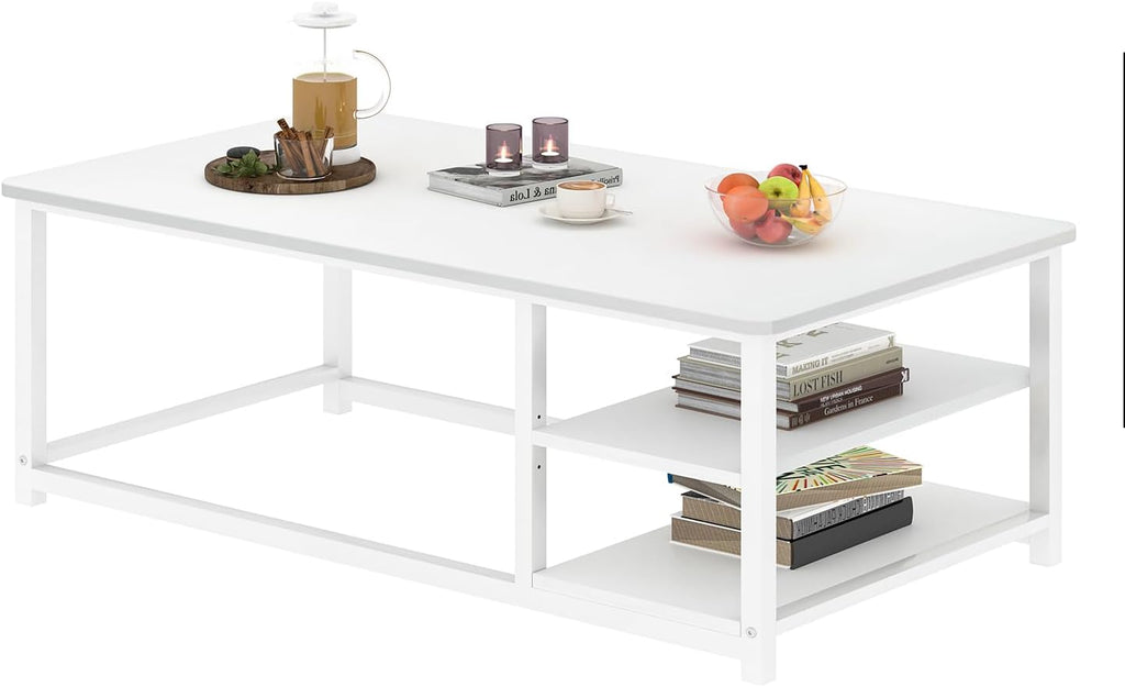 EXCEFUR White Coffee Table, Modern Rustic Wood Center Table with Storage for Living Room, Industrial Rectangle Cocktail Tea Table, 47 Inch