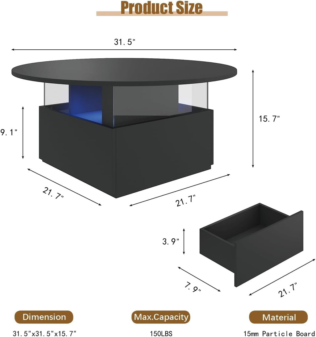 HedoAjim 31.5' Round Coffee Table for Living Room, LED Modern Living Room Table with Storage, Square Acrylic Coffee Tables with 2 Sliding Drawers, Wood Center Table for Reception Dinning Room, Black