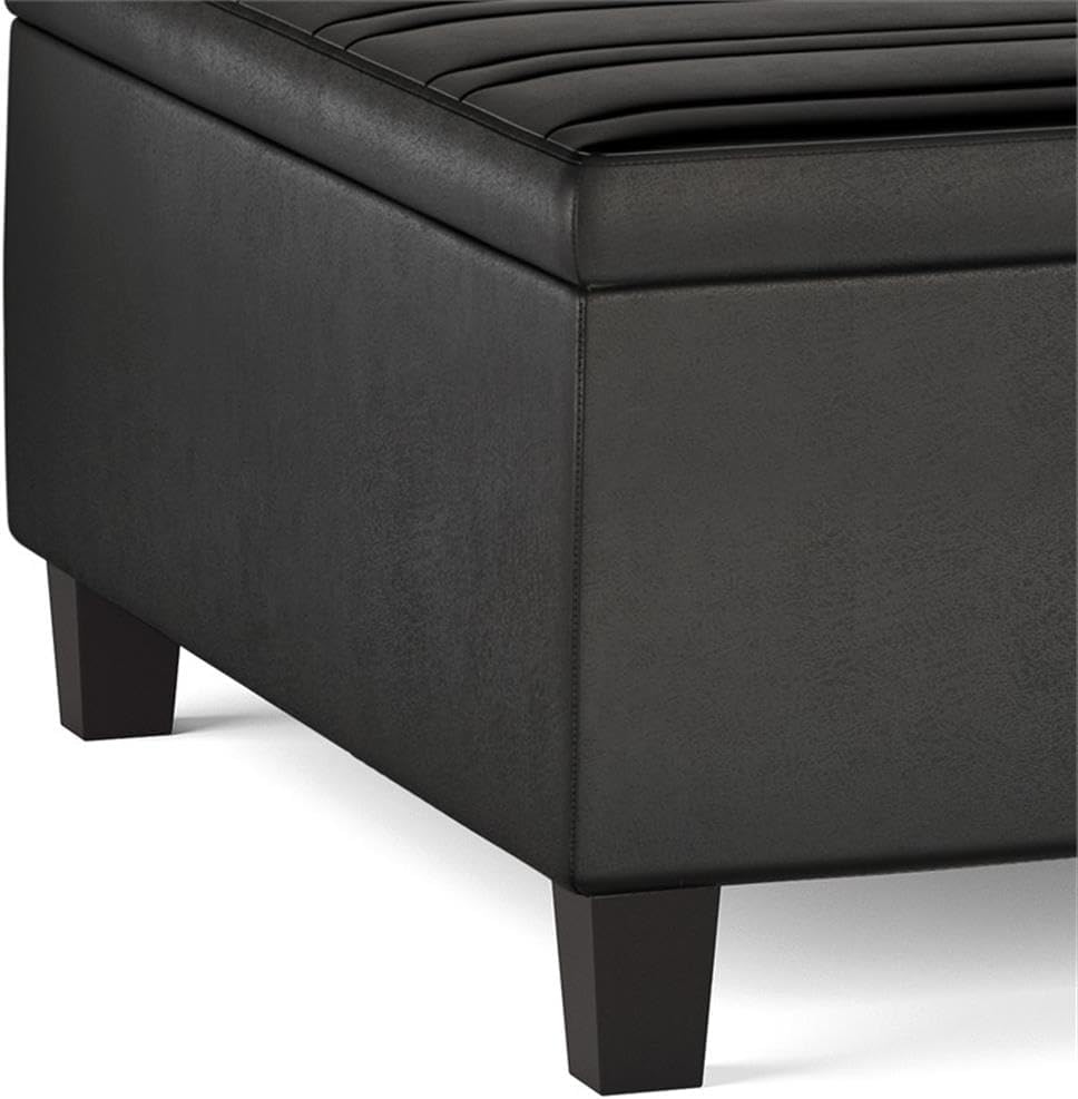 SIMPLIHOME Ellis 36 inch Wide Contemporary Square Coffee Table Storage Ottoman in Distressed Black Vegan Faux Leather, Assembled, for the Living Room and Bedroom