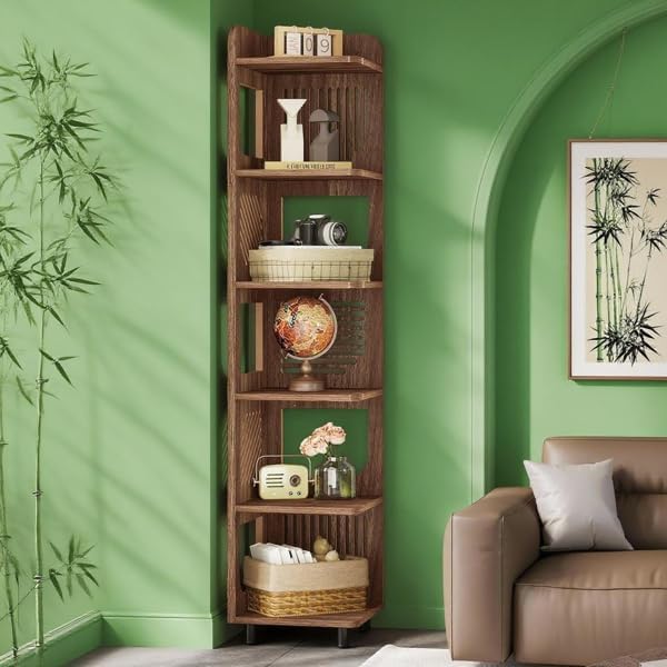 Storage Shelves Unit 5-Tier Shelf, Corner Shelving for Bedroom, Freestanding Decorative Ladder Etagere Organizer, Narrow Bookshelf, Bathroom Storage, Decorative Etagere for Plant Stand (Wood Color)
