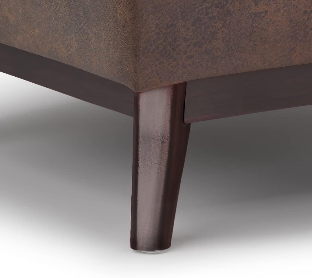 SIMPLIHOME Owen Tray Top Small Coffee Table Storage Ottoman - 34 inch Wide Upholstered Vegan Leather Rectangular Flip-Top Ottoman in Distressed Chestnut Brown, Mid-Century Ottoman for Living Room